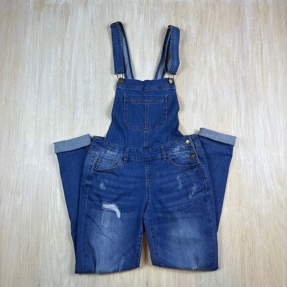 Y2K Wax Jean Denim Distressed Ankle Length Skinny Leg Medium Wash Overalls Small - Picture 1 of 13